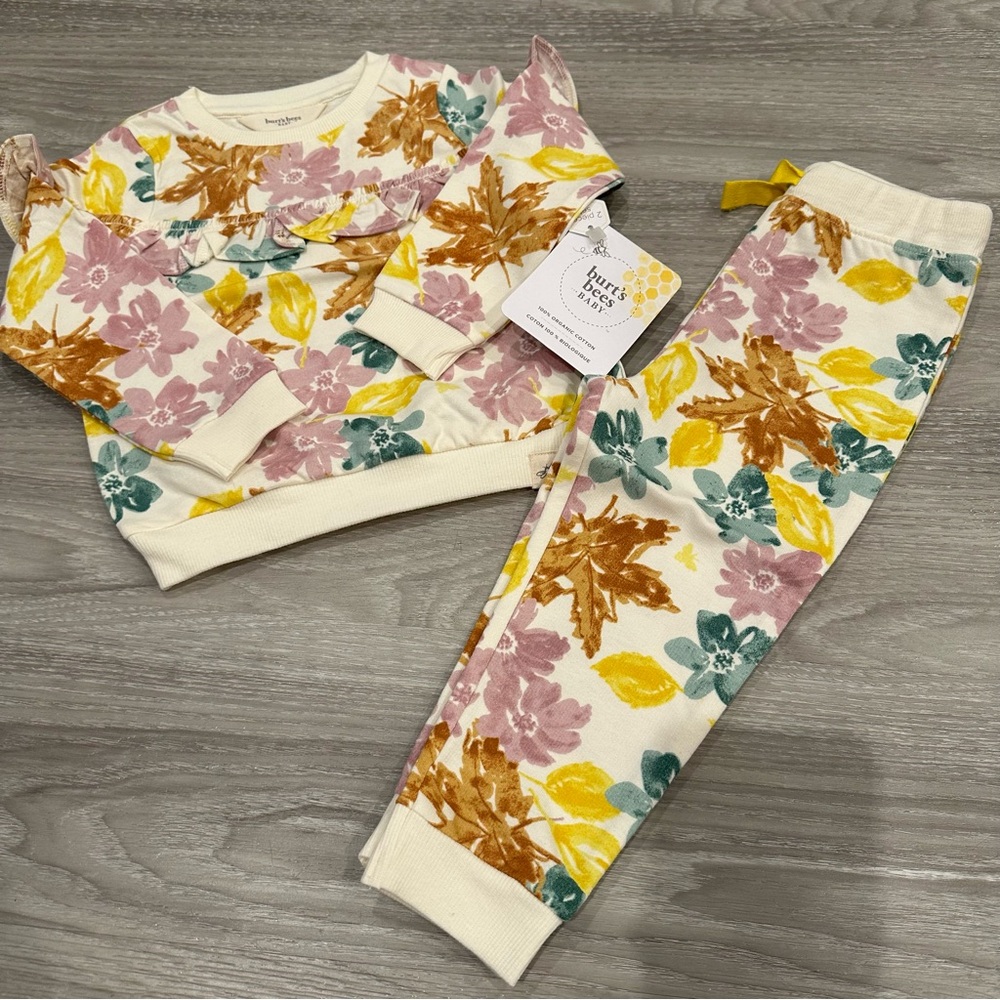 Burt's Bees Baby Girls' Foliage Floral French Terry Top & Pant Set. Size 12M